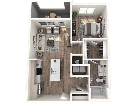 Floor plan for 1 bed, 1 bath, 726 sqft